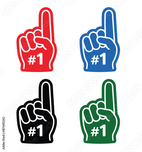 Fan foam hands number one set, featuring vector sports fan finger gloves with #1 sign in multiple bold colors.