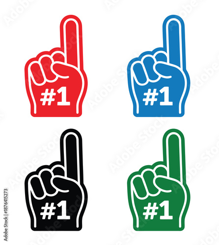 Fan foam hands number one set, showcasing red, blue, green, and black foam finger icons for game support and champion celebration.
