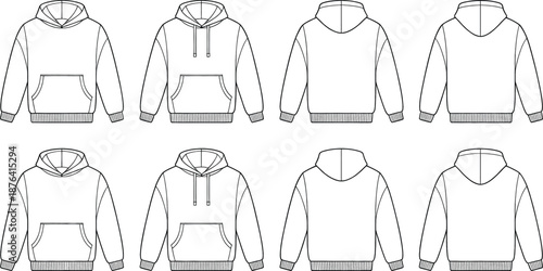 Multiple flat sketches display front and back views of a basic pullover hoodie design template for apparel production.