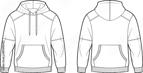 Technical flat sketches display the front and back views of a casual pullover hooded sweatshirt design with detailed seam lines and a kangaroo pocket.