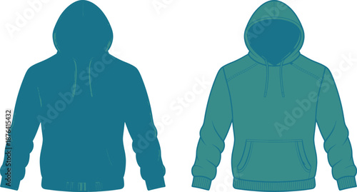 Two teal and cyan hooded sweatshirt vector graphics are presented side by side, illustrating different shades of a hooded garment mockup for design use.
