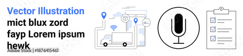 Voice recognition, IoT applications, delivery logistics, task management, speech analysis, navigation systems. Microphone icon, clipboard checklist truck with location pins. Voice recognition