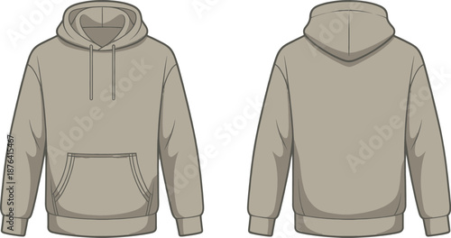 A beige colored hooded sweatshirt displayed showing both the front view with drawstrings and the rear view of the garment without any figures present.