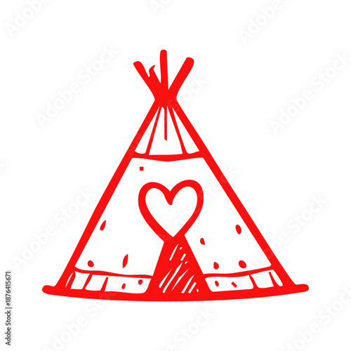 Hand Drawn Red Teepee with Heart Illustration.