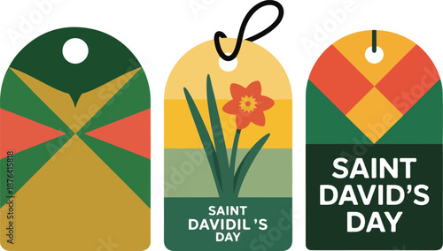 Saint David's Day Gift Tag Illustration with Daffodil Flower & Design for Welsh Holiday