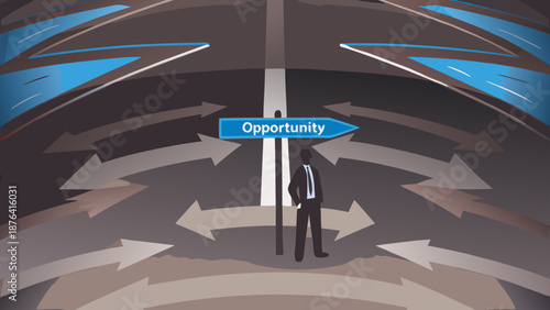 Businessman standing at crossroads with opportunity sign pointing to multiple directions for career growth and success with vector and illustration