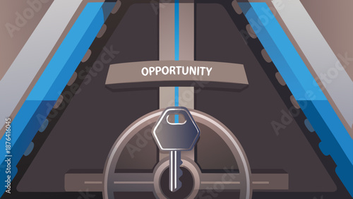 Vector illustration of a key unlocking a door with opportunity sign on a modern abstract background with flat design and business and success