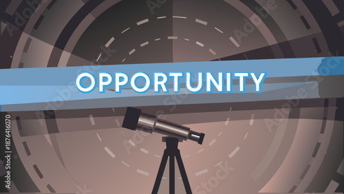 Flat vector illustration of telescope aimed at target with opportunity concept on abstract background with business and success and goal and ambition