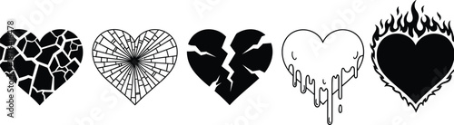 Stylized broken heart icon set, emotional metaphor silhouettes, black vector illustration, editable design, isolated love symbol collection