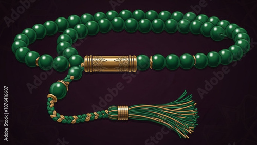 Green prayer beads with gold tassel and ornate spacer a symbol of spirituality and meditation isolated on a dark background