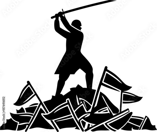 silhouette of warrior holding sword standing on a pile of flags and shields