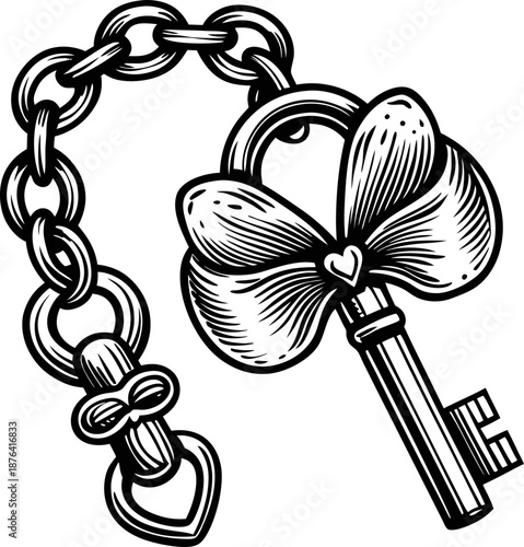 Vintage key with bow shaped handle and heart detail attached to decorative chain