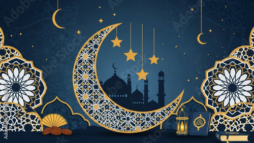 Ramadan Kareem background with crescent moon mosque stars and Islamic patterns for greeting cards and cultural events