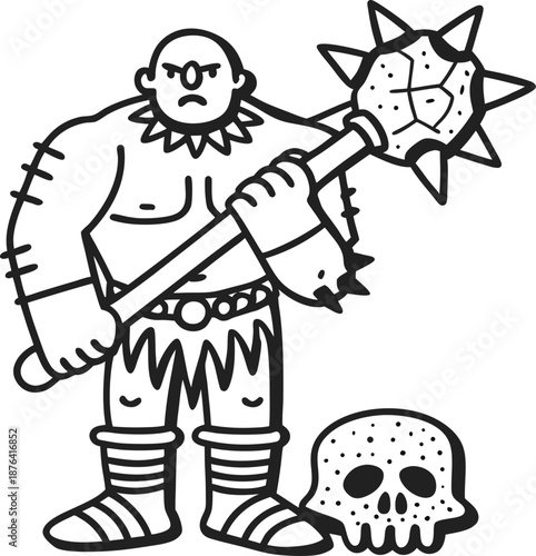 barbarian warrior with spiked mace and skull, fierce fighter in primitive armor and boots