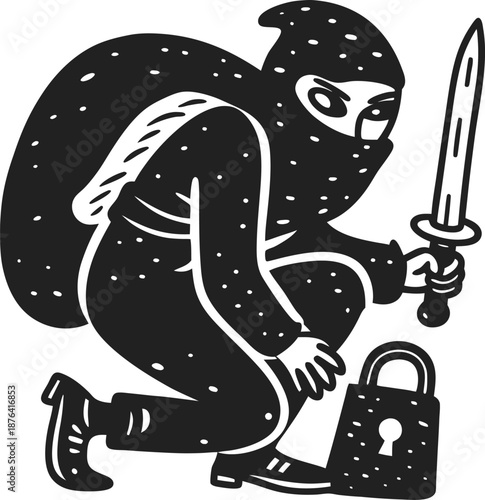 Masked burglar crouching with sack and dagger next to padlock in black and white illustration