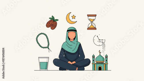 Muslim woman in hijab meditating with Islamic symbols concept of prayer time and faith flat vector illustration