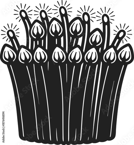 illustration of a bundle of lit matches with glowing flames and detailed smoke lines