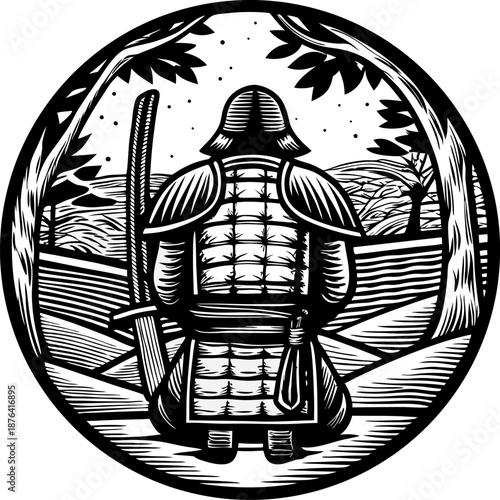 Samurai warrior in traditional armor kneeling outdoors with katana sword, peaceful rural landscape background in black and white illustration