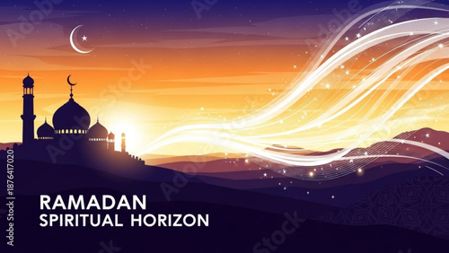 Ramadan spiritual horizon with mosque silhouette and glowing light trails representing faith and enlightenment ideal for Islamic celebra