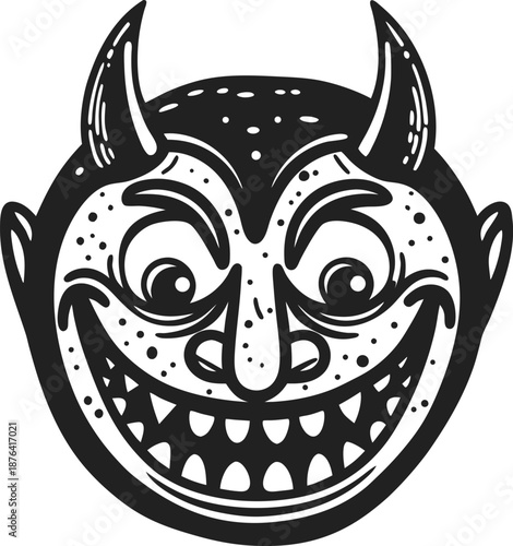 Smiling devil face mask with horns and sharp teeth, spooky halloween character design illustration