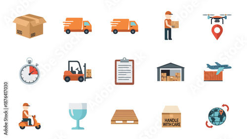 Iconic montage of logistics and warehouse operations featuring trucks, forklifts, drones, clipsboards, delivery icons and performance elements.