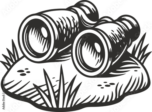 Binoculars on rock with grass around outdoor exploration and nature observation equipment illustration