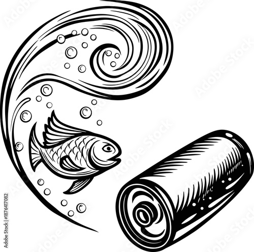 Fish swimming near swirling water currents beside a floating can underwater pollution illustration