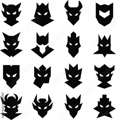Vector collection of sixteen geometric superhero masks and villain helmet silhouettes for gaming logo and mascot design.