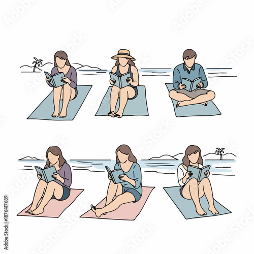 Outline illustration of diverse people enjoying leisure time, reading books and relaxing on beach mats by the ocean during a summer vacation.