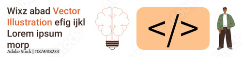 Web development, digital learning, coding education, creative thinking, innovation, human workforce. Coding symbol, lightbulb brain person figure. Web development and digital learning concept