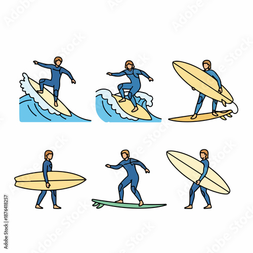Colorful vector illustration set of surfers in various poses, including riding waves and carrying surfboards, isolated on white background.