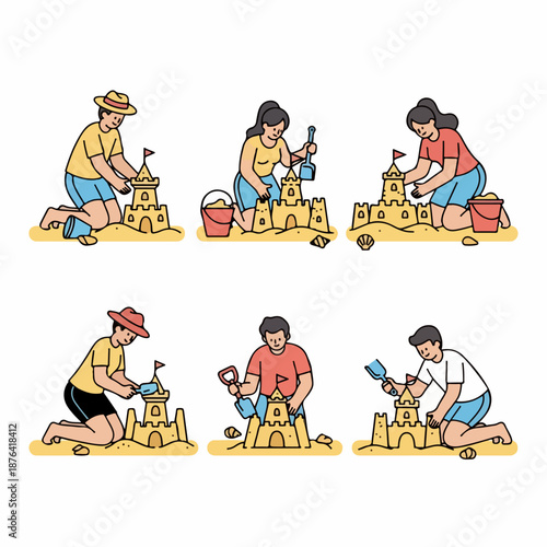 Line art illustration set of men and women creating sandcastles on the beach with shovels and buckets, isolated on white.