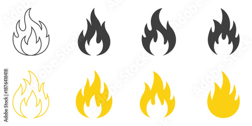 Fire icon collection, showcasing a set of fire flame vector icons with different shapes and modern graphic design styling.