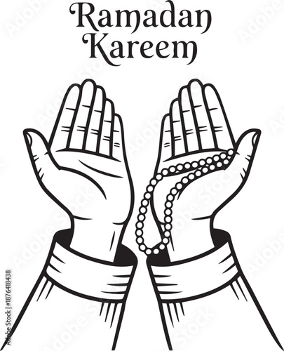 Ramadan kareem greeting with praying hands and prayer beads
