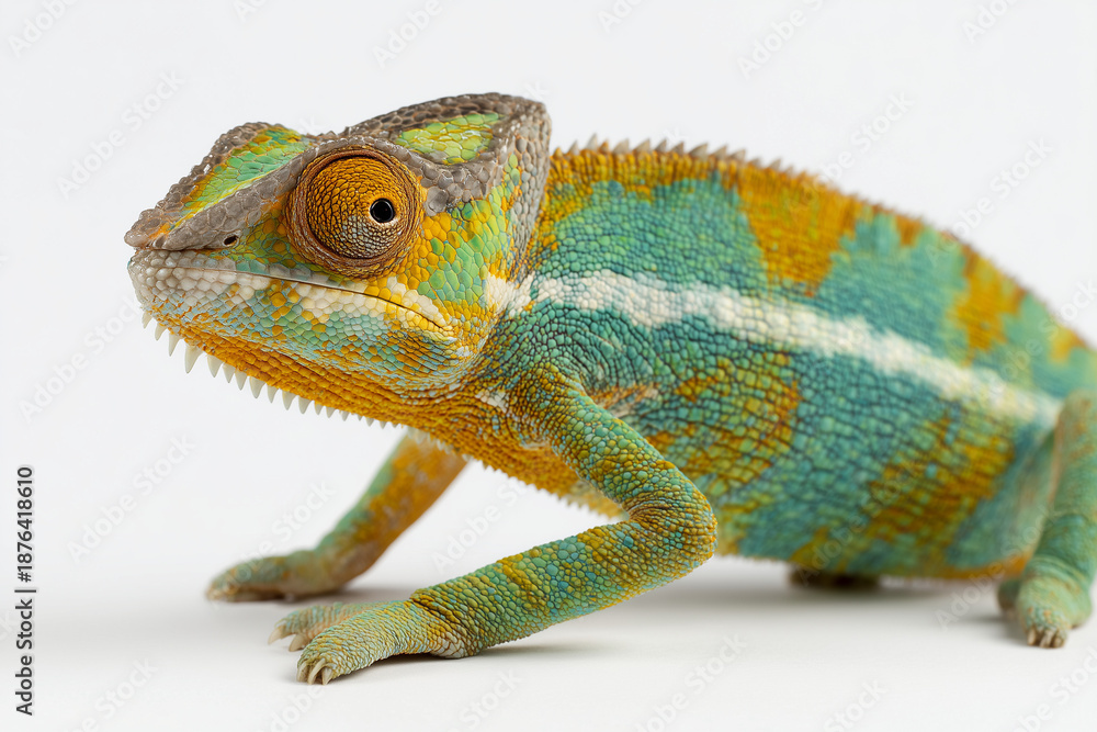 Obraz premium Colorful chameleon standing on a white surface with detailed textured skin and vibrant patterns. Exotic reptile animal portrait with sharp focus and natural colors, clean studio photography, isolated 