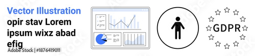 Charts, graphs on a dashboard, user profile icon, GDPR badge with stars. Ideal for data analysis, compliance, user privacy, information security, business reporting software simple landing page