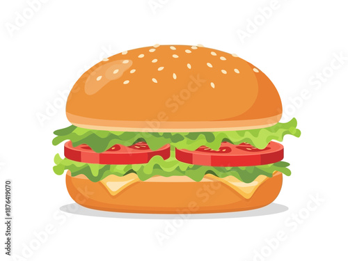 A delicious burger with lettuce and tomato on a sesame seed bun