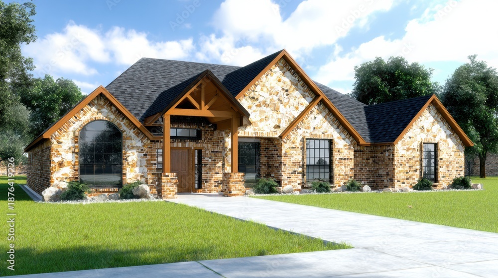 Fototapeta premium New house design with stone and brick exterior set in a green landscape under a bright sky