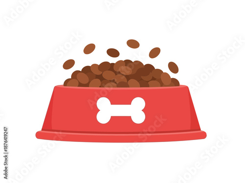 A red dog bowl filled with brown kibble