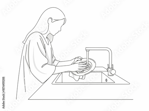 A line drawing of a woman washing dishes in a sink with soap and water