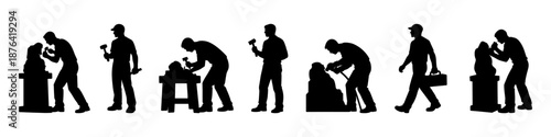 Carpenter and craftsman silhouette poses. Manual work with tools and wood
