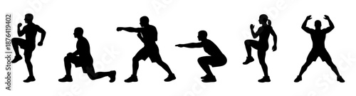 Fitness training silhouettes showing people performing lunges, squats, punches and strength exercises. Dynamic human poses isolated