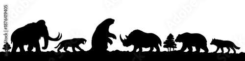 Prehistoric animal silhouettes featuring mammoth, bear, wolf and ancient wildlife forms. Dramatic nature scene isolated