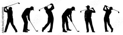 Golf silhouettes showing golfers during swing, putt and follow through phases. Precision sport poses isolated
