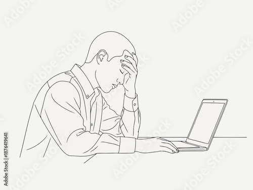 Vector illustration of stressed man sitting at laptop