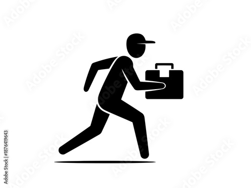 A black silhouette of a person running with a briefcase in hand quickly