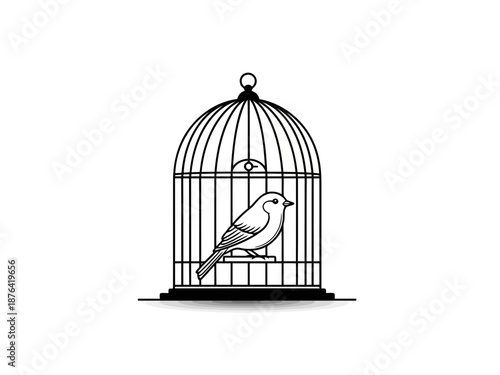 A line drawing of a bird sitting inside a cage with a dome top