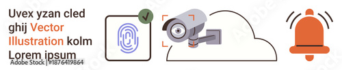 Security, surveillance, technology, data protection, online safety, alert systems. Fingerprint icon, CCTV camera and alert bell illustration. Security and surveillance concepts