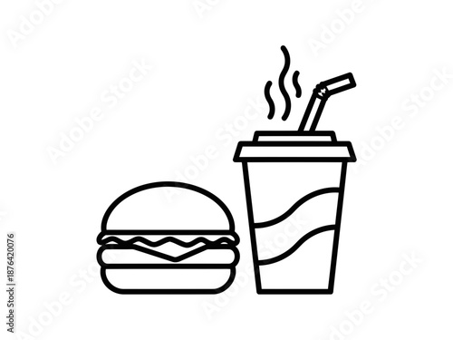 Black line art of a hamburger and a hot beverage
