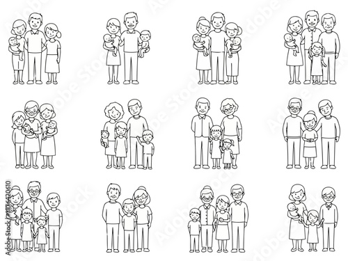A collection of various line drawings of diverse multigenerational families standing together